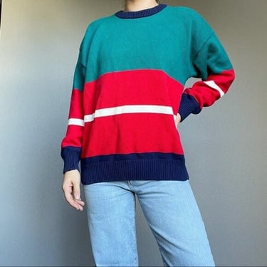 Vintage 90s John Ashford Striped Color Block Crewneck Cotton Preppy Sweater L 