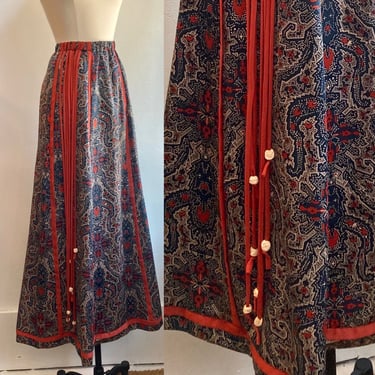 Cool Vintage 70's CHESSA DAVIS Beverly Hills Boho Maxi Skirt / Unique Ceramic Art Bead Detail / Linen Lined / M 