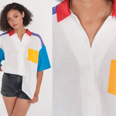 Color Block Shirt 80s Button up Blouse White Blue Purple Yellow Red Bright Short Sleeve Button Down Light Summer Top Vintage 1980s Medium M 