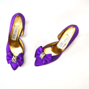 80s 90s Glam Party Vintage Purple Satin Bow High Heels Pumps Shoes Size 7 1/2 7.5 8 AA 80s 90s Vintage High heels 8 Bridesmaid Prom Party 