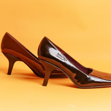 90s Black Brown Color Block Patent Square Toe Pumps Vintage Luzia Mirnar Classic Office Siren Shiny Heels 