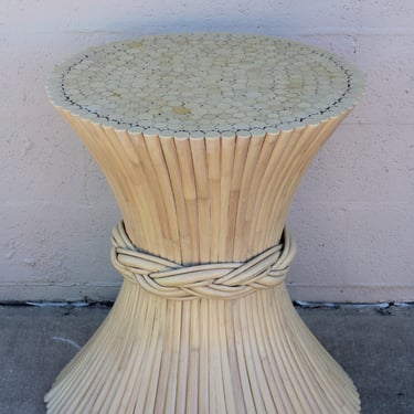 Authentic Signed McGuire Sculptural Round Rattan Sheaf of Wheat Dining Table MCM 