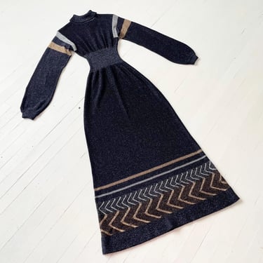 1970s Midnight Blue Lurex Maxi Dress – Metallic Knit Gown with Chevron Hem, XS/S Vintage 