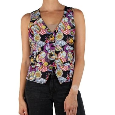 1990S Nicole Miller Silk Italian Restaurant Print Vest 