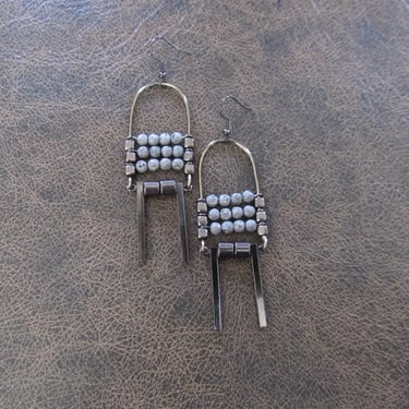 Modern gray hematite and lava rock abstract earrings 
