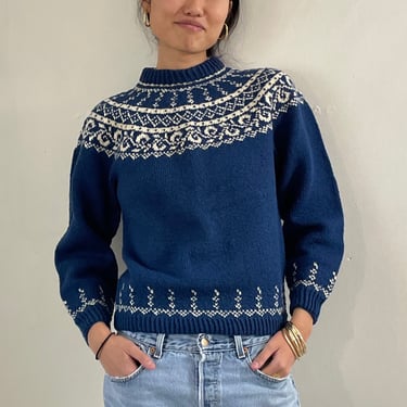 80s handknit fair isle wool sweater / vintage indigo blue wool hand knit Scandinavian Nordic crewneck pullover round yoke winter sweater | M 