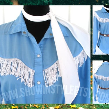 Levi Strauss & Co. Vintage Retro Western Women's Cowgirl Shirt, Rodeo Blouse, Medium Blue with White Fringe, Tag Size 14 (see meas. photo) 