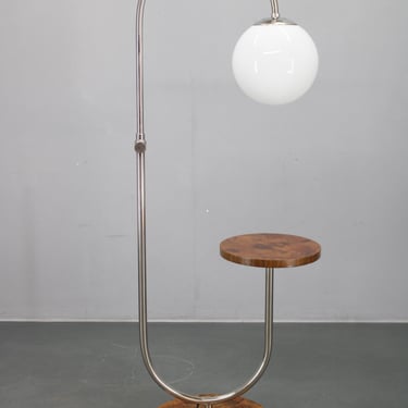 Art Deco Floor Lamp with Table, Chrome and Walnut Burl, 1930s Czechoslovakia 
