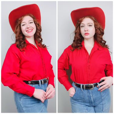 1990s Vintage Red Cotton Mine and Bill's Outfitters Top / 90s Ruffled Trim Button Up Shirt / Size Large - XL 