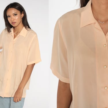 Sheer Peach Blouse Y2k Pearl Button Up Shirt Retro Plain Short Sleeve Top Pastel Collared Preppy Button Down Chic Vintage 00s Extra Large xl 