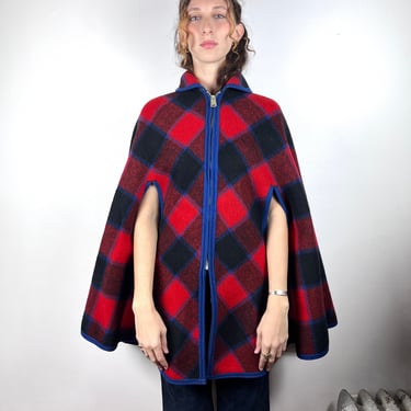 Vintage Reversible 1960s Plaid Poncho / 1960s Womens Overcoat / Plaid Wool Red Blue Plaid/ Zip Front Poncho Jacket Sweater Small Medium 