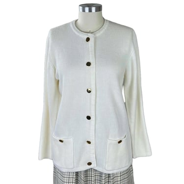 S - 80s White Cardigan with Gold Buttons & Pockets, Collarless Soft Acrylic Knit Button Up Sweater, 1980s Clothes Women Vintage Size Small 