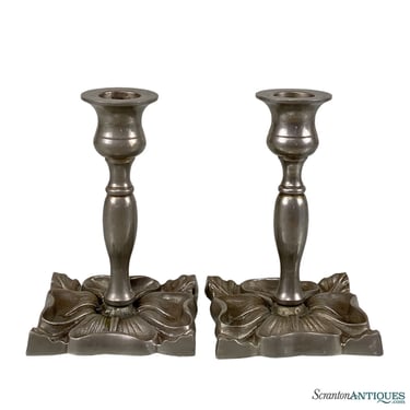 Antique Victorian Pewter Floral Motif Candlestick Holders - A Pair
