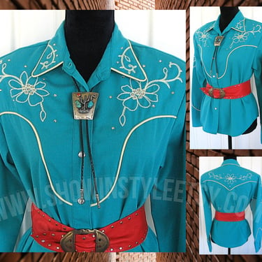 Vintage Retro Women's Cowgirl Shirt by Western Collection Styles, Turquoise with Floral Embroidery, Rhinestones, Size Med (see meas. photo) 