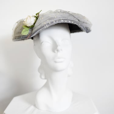 1950s Mushroom Hat with Rose and Tulle 
