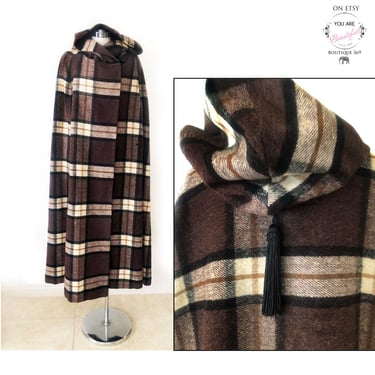 RARE wool CAPE Coat Hooded Tassel Long Vintage 1960's, 1970's Wrap Brown Plaid Jacket, Hippie Dress Coat, Arm Holes, Mod Boho 