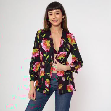 70s Black Floral Open Front Blouse Vintage Pink Flower Print Boho Top Hippie Summer Shirt Bohemian Festival Long Sleeve 1970s Medium M 