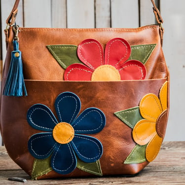 Limited Run Eco-Friendly Marie Leather Bag | Curved Boho Style With Tassel | Flower Power 