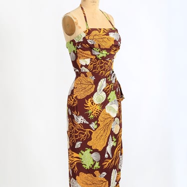 40s Kamehameha dress | Vintage 1940s tropical Hawaiian underwater rayon wiggle dress 