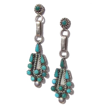 Vintage 60s Zuni Earrings Sterling Silver & Turquoise Petit Point Drops 