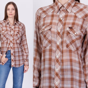 70s Wrangler Plaid Pearl Snap Western Shirt - Men's Small, Women's Medium | Vintage Button Up Long Sleeve Collared Trop 