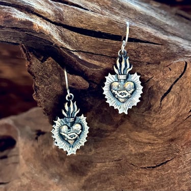 SACRED HEART Sterling Silver Dangle Earrings | Handcrafted Mexican Jewelry | Made in Mexico | Detailed Flame and Thorn Heart Earrings 