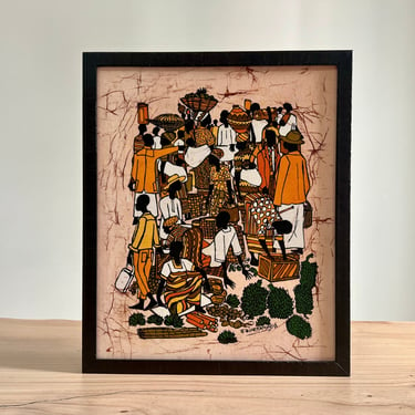 Vintage Framed African Batik by Jonathan Biferamunda, African Textile Painting 