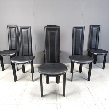 Vintage black leather dining chairs, set of 6, 1980s - vintage italian dining chairs - high back dining chairs 