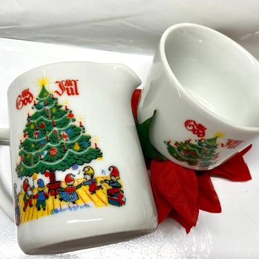 Vintage Berggren God Jul Swedish Sugar & Creamer Set~  Holiday Dining Table, Folk Art Scandinavian Christmas Tree with dancing Nome Elves~ 