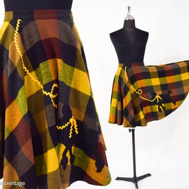 1950s Brown Yellow Plaid Swing Skirt | 50s Brown Plaid Poodle Skirt | Plaid Circle Skirt | Pendleton | Small 