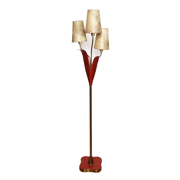MCM Red Metal Floor Lamp with Leaves and Petals