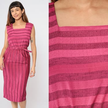 Vintage Pink Striped Dress Midi Sleeveless Dress 80s Secretary Dress High Waisted Square Neckline Belted 1980s Knee Length Small xs 