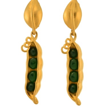 Karl Lagerfeld Vintage Golden Green Glass Pea Pod Dangle Statement Earrings