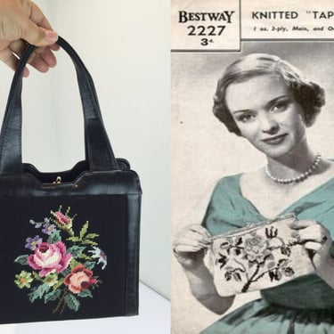 Bouquets of Beauty - Vintage 1950s 1960s Black Needlepoint Tapestry Floral & Leather Handbag Purse 