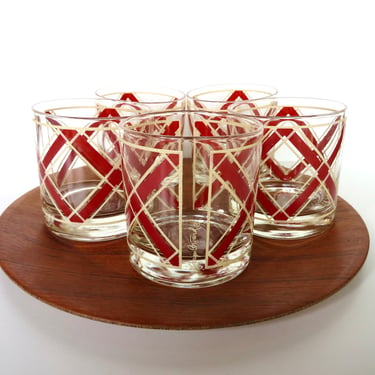Georges Briard Signed Lowball Bar Glasses, Briards Mid Century Modern Red 