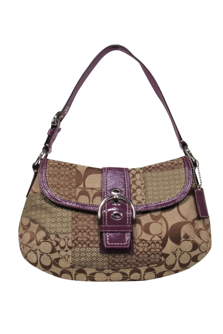 Coach - Tan Logo Patchwork Shoulder Bag w/ Purple Patent