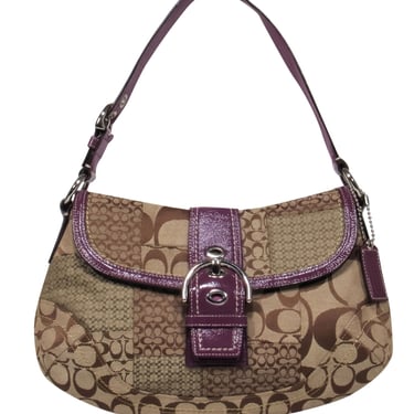 Coach - Tan Logo Patchwork Shoulder Bag w/ Purple Patent Leather Trim & Buckle