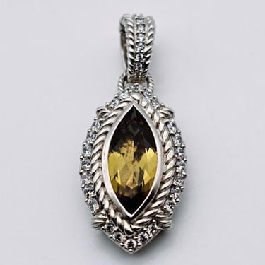 Vintage Judith Ripka smoky quartz & clear CZ sterling enhancer, Thailand 925 silver bling pendant 