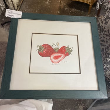 'Strawberries' Illustration Framed and Matted 13 inches x 14 inches in green frame