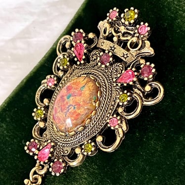 Large Statement Brooch, Confetti Cabochon, Pink Tones, Rhinestones, Dangle Drop Pendant, Vintage Coventry 