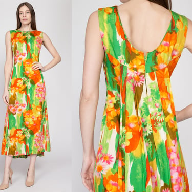 Small 60s Kaanapali Hawaiian Floral Watteau Maxi Dress | Vintage Resort Wear Draped Back Column Kaftan Sundress 