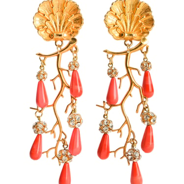 Philippe Ferrandis Vintage Gold Aquatic Shell Branch Coral Drop Rhinestone Oversized Statement Earrings