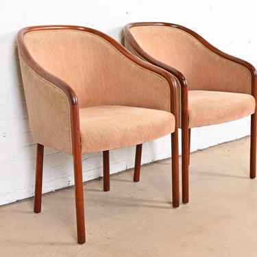 Ward Bennett for Brickel Associates Landmark Sculpted Ash Upholstered Tub Chairs, Pair