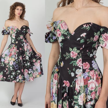 80s Floral Off-Shoulder Party Dress - Medium | Vintage Expo Princess Waist Fit Flare Midi 