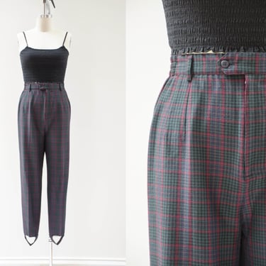 high waisted pants | 80s 90s plus size vintage dark green black red navy plaid checkered pleated dark academia trousers stirrup pants 