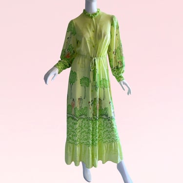 1970s Vintage Novelty Print Art Nouveau Erte Dress, Psychedelic Summer Garden Party Dress Medium 