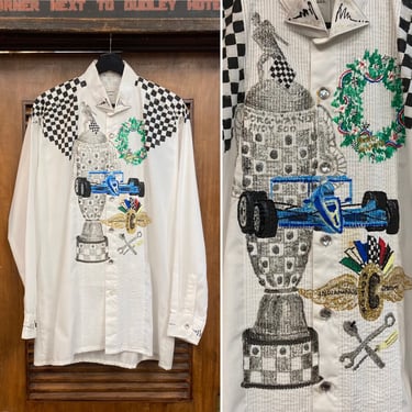 Vintage 1980’s Custom Indy 500 Hot Rod Speedway Racing Painted Artwork Tuxedo Shirt, 80’s Vintage Clothing 