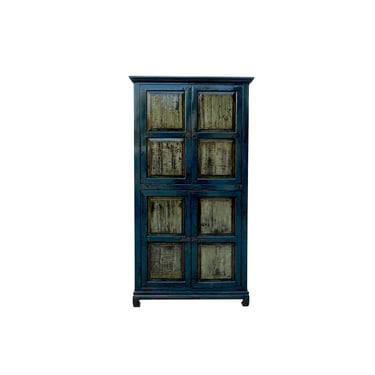 Distressed Teal Blue Rim Olive Green Doors Tall Armoire Storage Cabinet ws4317E 