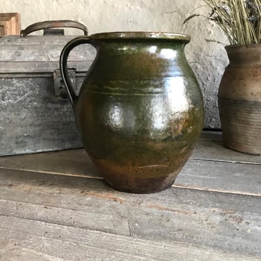 19th C Pottery Jug, Pitcher, Terra Cotta, Green Slip Glaze, Redware, Rustic European Farmhouse, Farm Table 