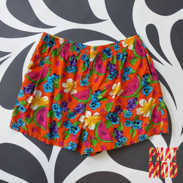 WATERMELON Vtg 80s Bright Orange Floral & Fruit Patterned Cotton Shorts 